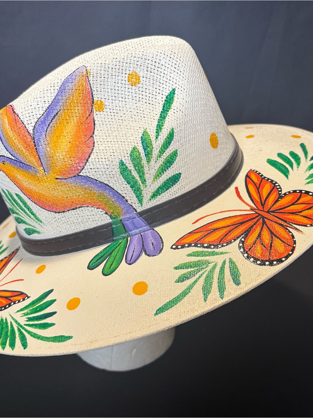 Hand-Painted Ivory Wide-Brim Hat with Orange Butterfly & Multicolor Hummingbird